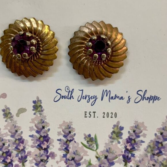 Vintage 1950s Gold Purple Plum Rhinestone Floral Screw Back Earrings (J179) - Picture 1 of 13